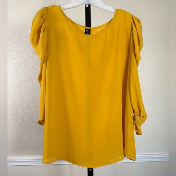 Womens Plus Size Chic Mustard Yellow
Dainty Modest Blouse Feminine Ruched
Office - Picture 1 of 9